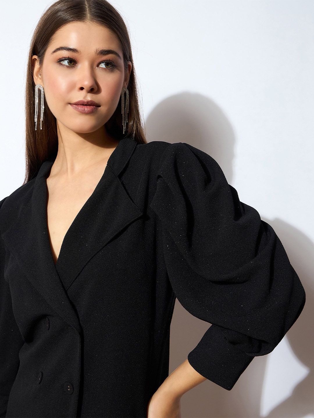 SASSAFRAS Black Self Design V-Neck Puff Sleeves Sheath Dress