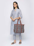 ZOUK Black and Beige Printed Handicraft Fabric & Vegan Leather Sustainable Shoulder Bag