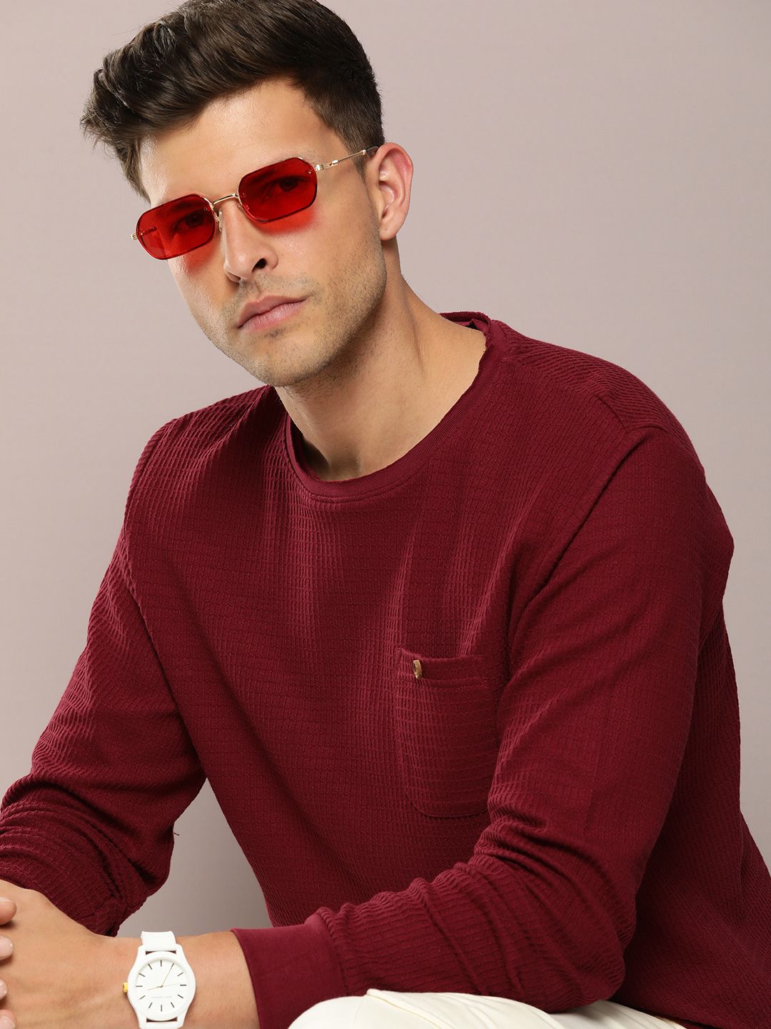 DILLINGER Men Waffle Structure Self Design Pockets T-shirt