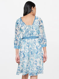 Global Desi Blue & White Floral A- Line Dress