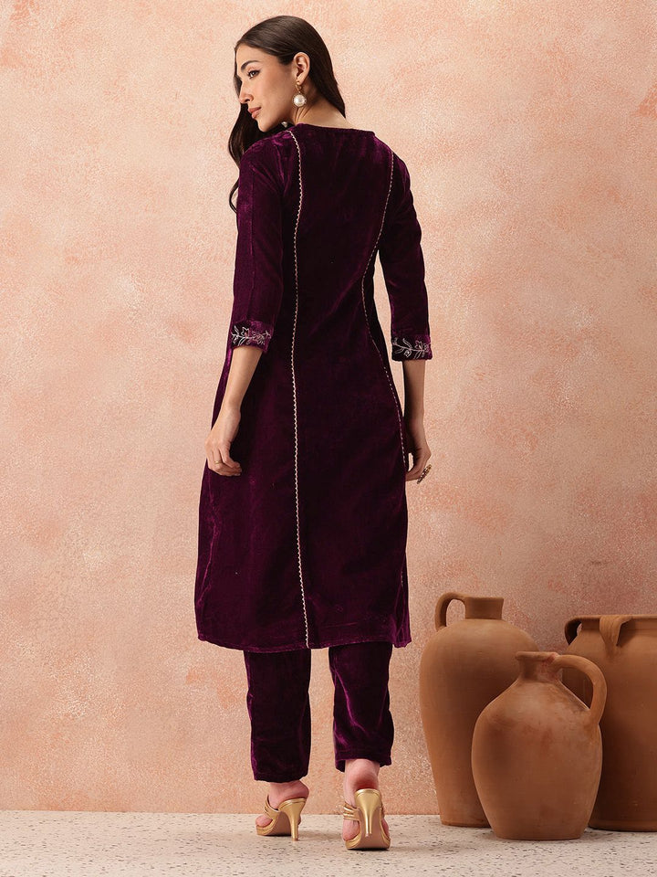 all about you Velvet Finish Floral Embroidered Gotta Patti Kurta with Trousers