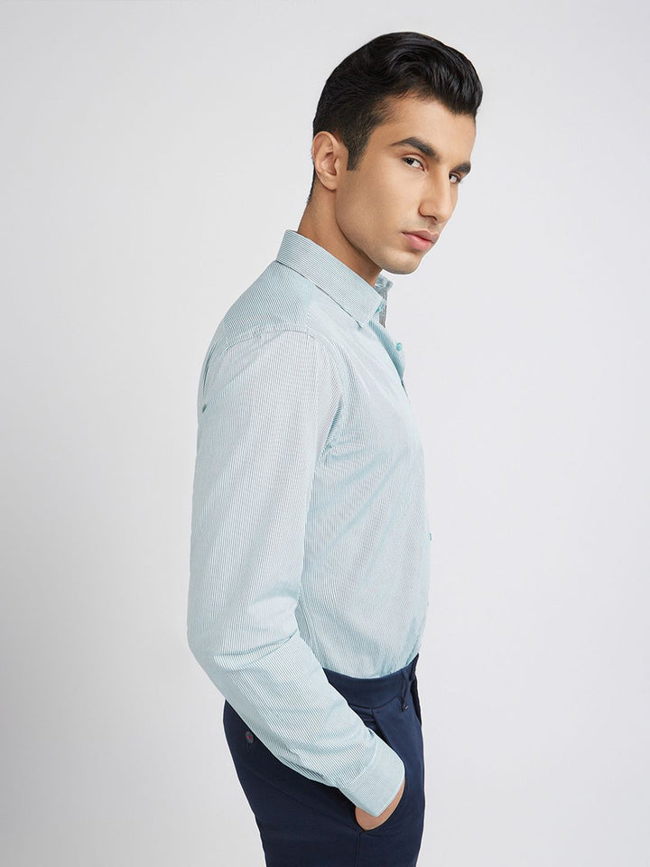 Raymond Men Green And White Slim Fit Micro Checked Pure Cotton Formal Shirt