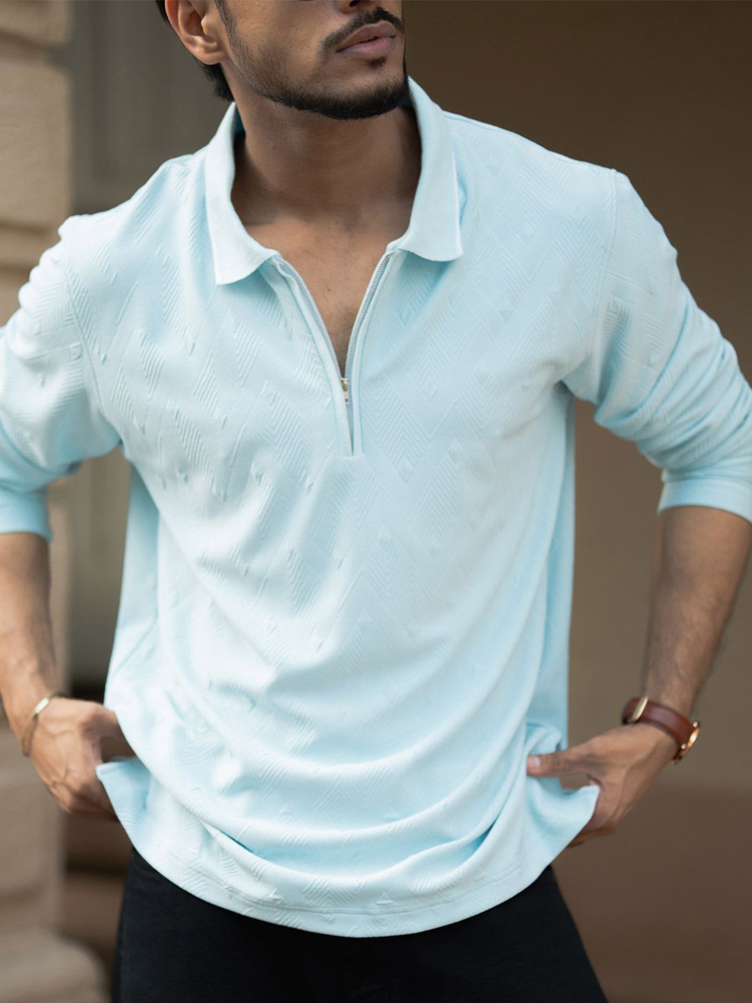 Powerlook Self Design Polo Collar Regular Fit T-shirt