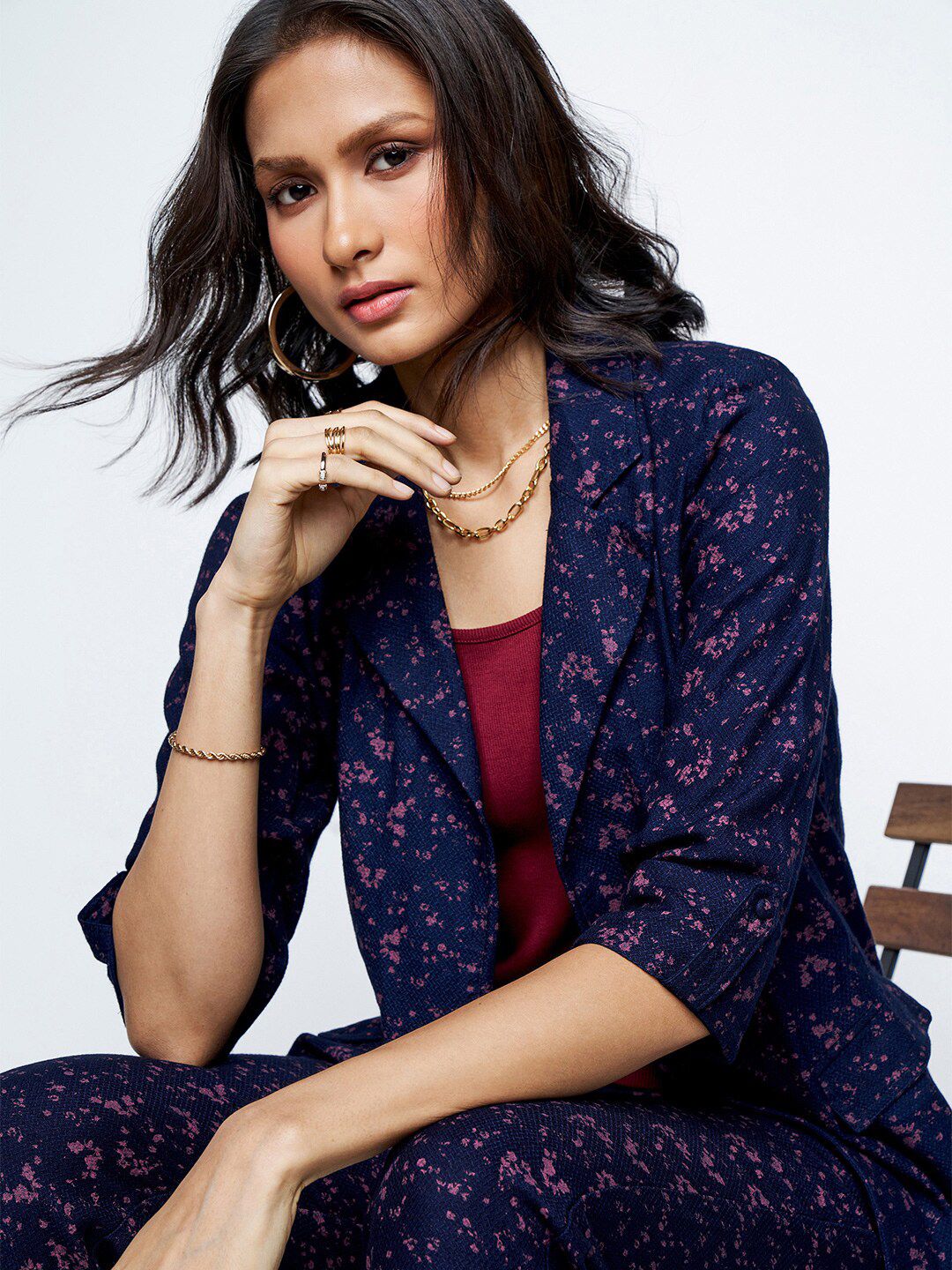 AND Self Design Top Blazer With Trousers Co-Ords