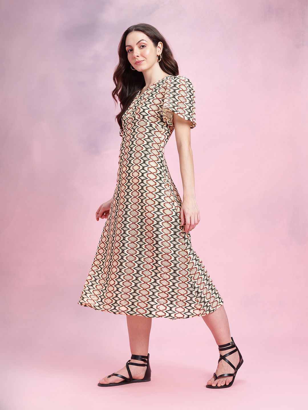 DressBerry Flared Sleeve Crochet A-Line Midi Dress