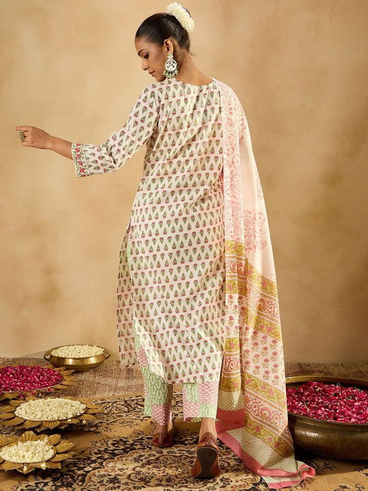 Indo Era Floral Printed V-Neck Pure Cotton Straight Kurta with Trousers & With Dupatta