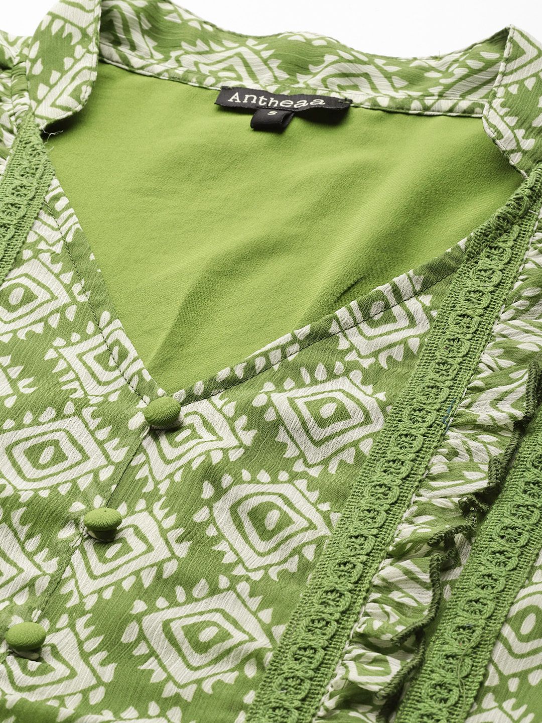 Antheaa Green & White Chiffon Geometric Print Tiered Dress