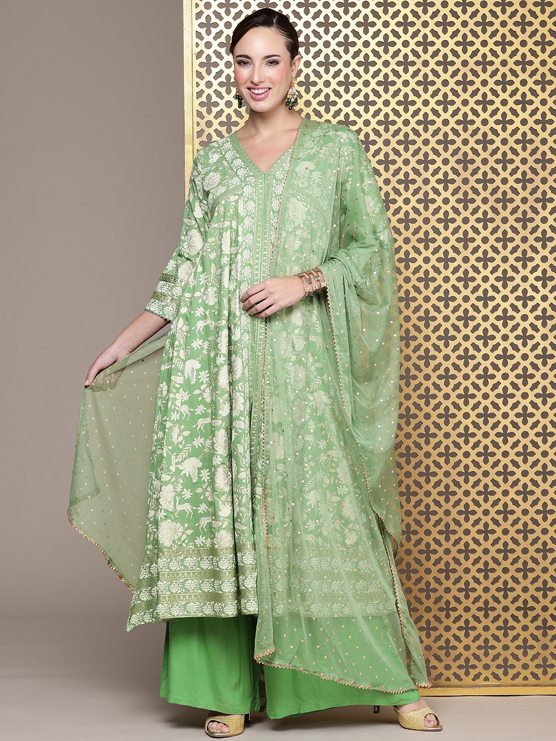 House of Pataudi Jashn Ethnic Floral Foil Printed A-Line Kurta With Palazzos & Dupatta