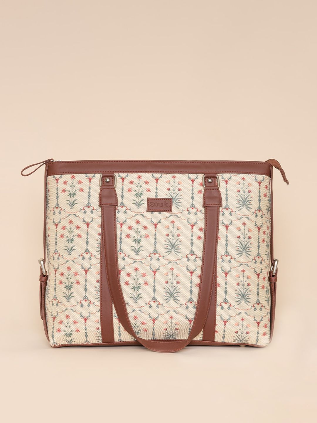 ZOUK White Printed Structured Laptop Shoulder Bag