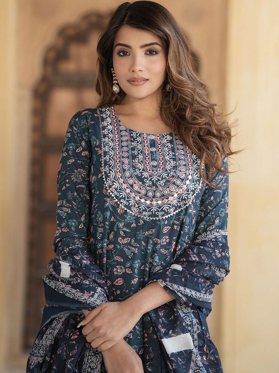 KALINI Floral Embroidered Thread Work Pure Cotton Anarkali Kurta With Trousers & Dupatta