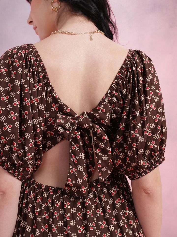 DressBerry Ethnic Print Cut-Out Back A-Line Midi Dress