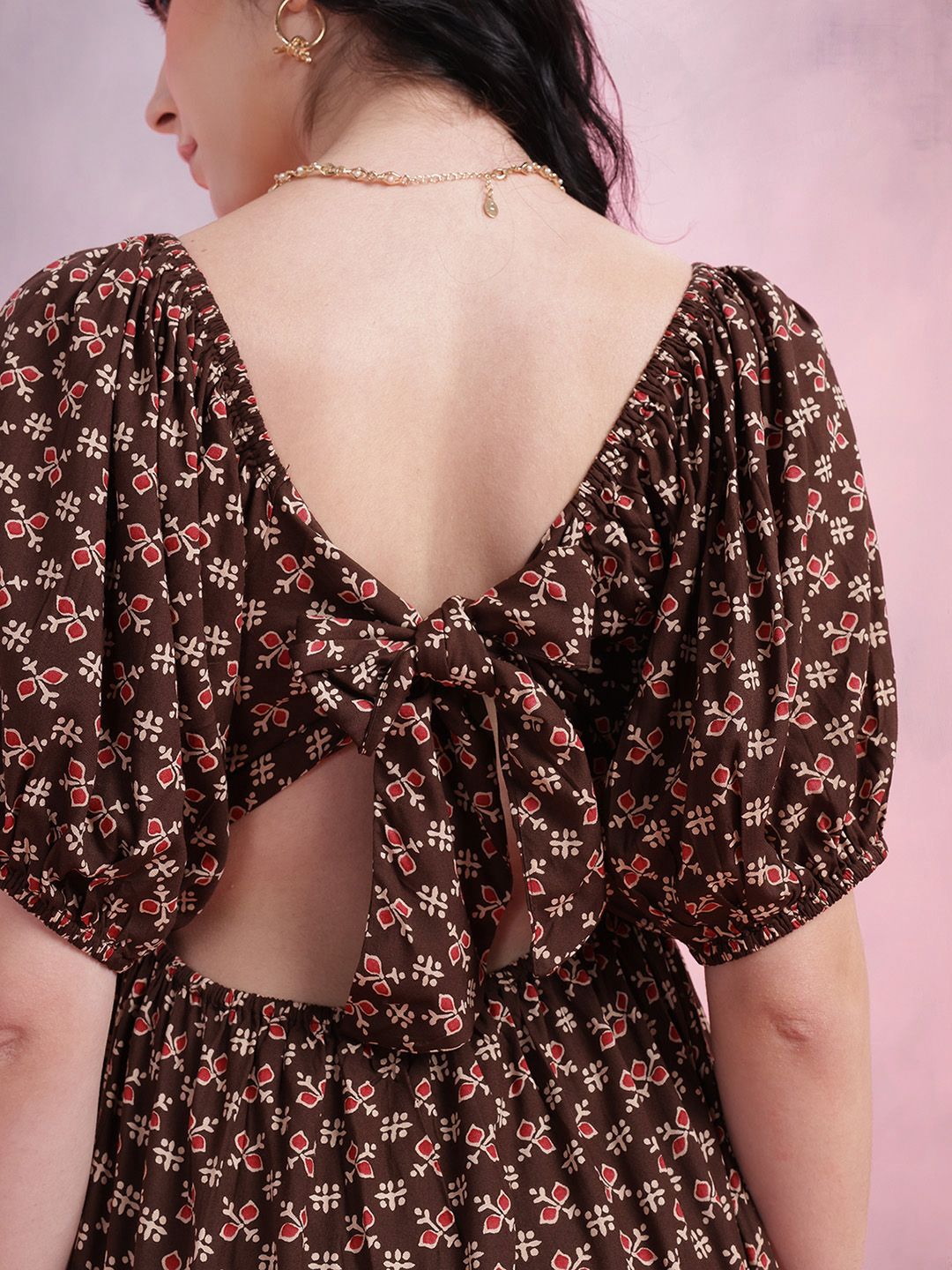 DressBerry Ethnic Print Cut-Out Back A-Line Midi Dress