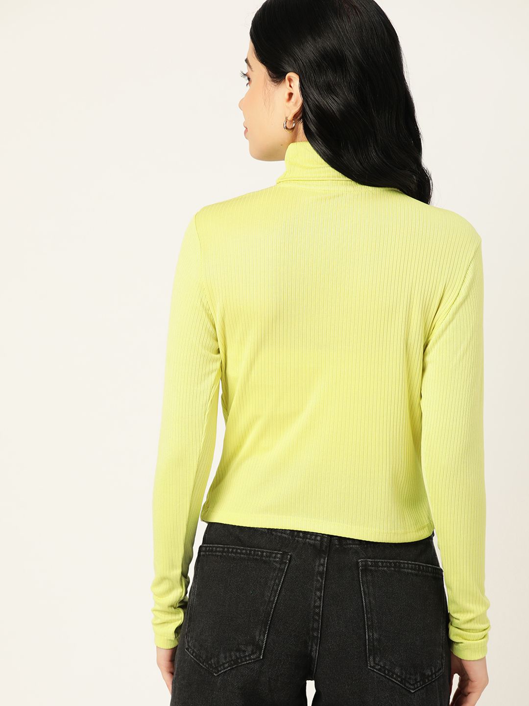 DressBerry Lime Green Turtle Neck Knitted Ribbed Top