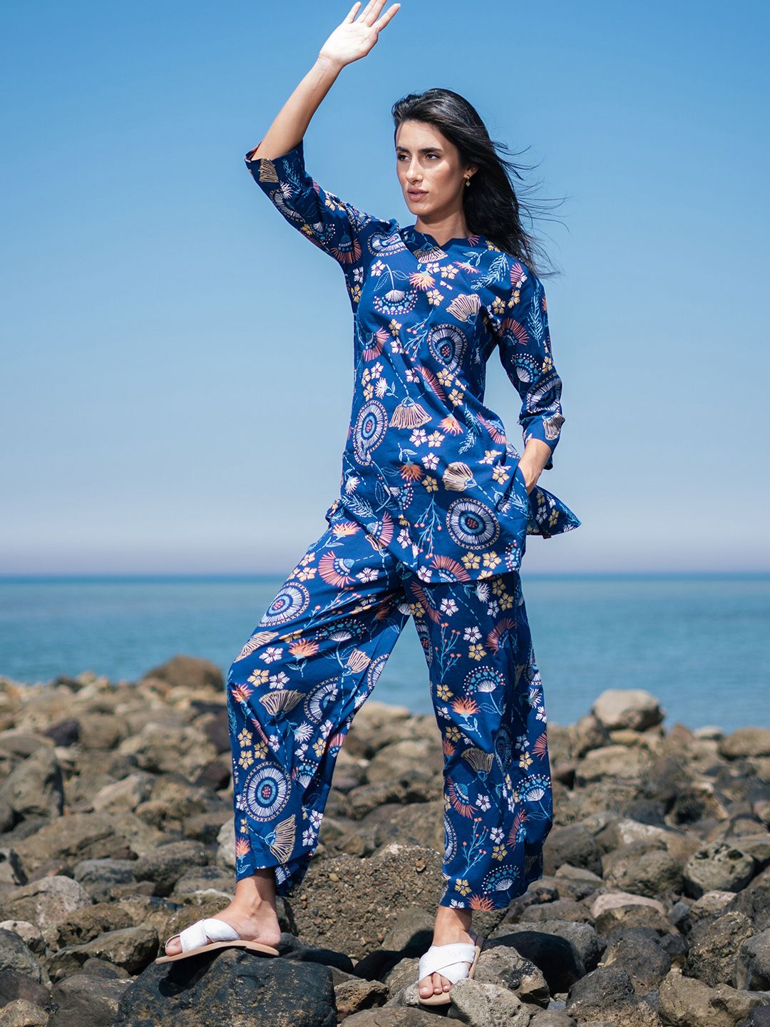 SANSKRUTIHOMES Ethnic Motif Pure Cotton Top & Trouser Co-Ord Set