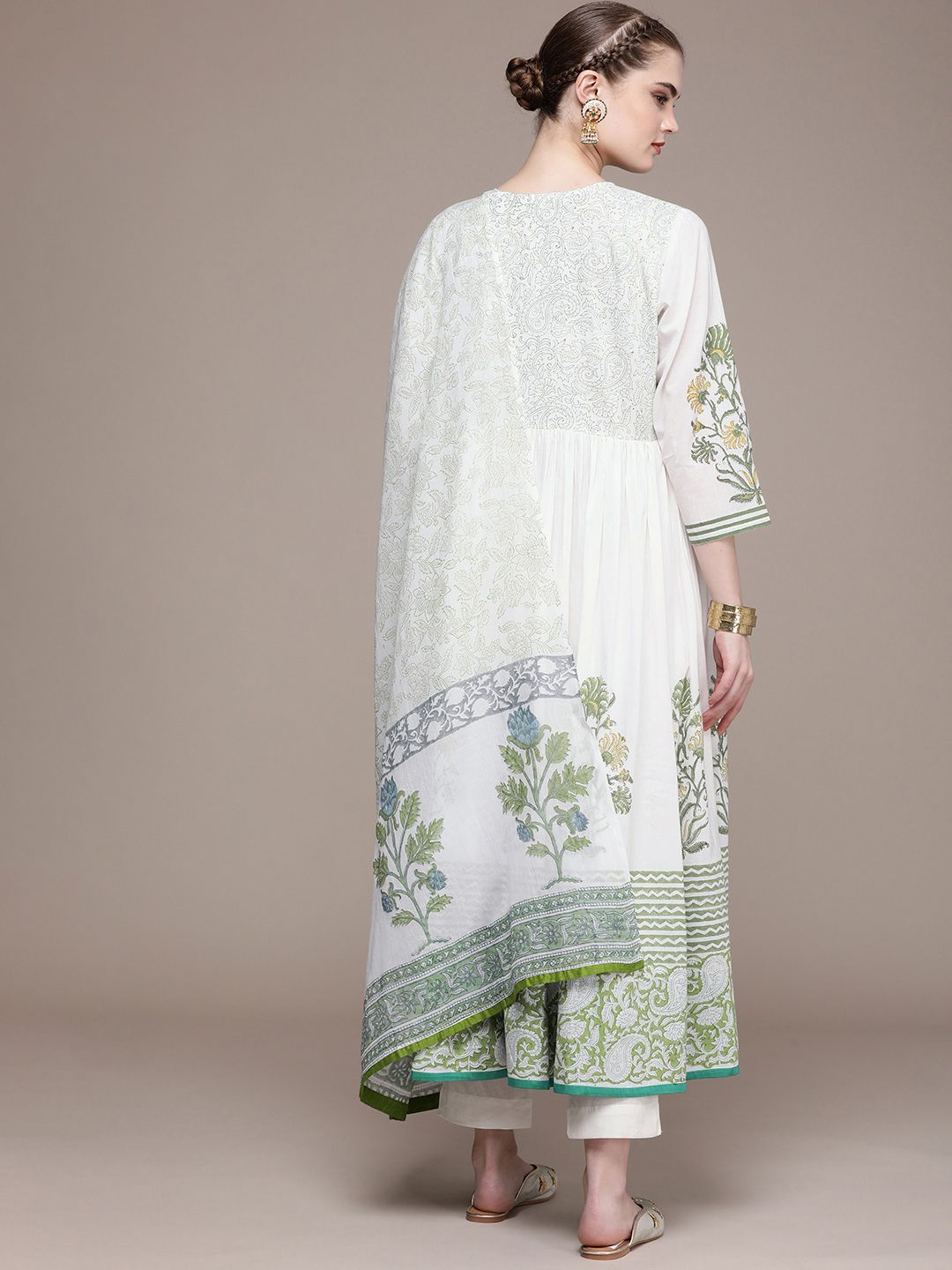 Anouk Women Ethnic Motifs Yoke Design Pleated Pure Cotton Kurta with Trousers & Dupatta