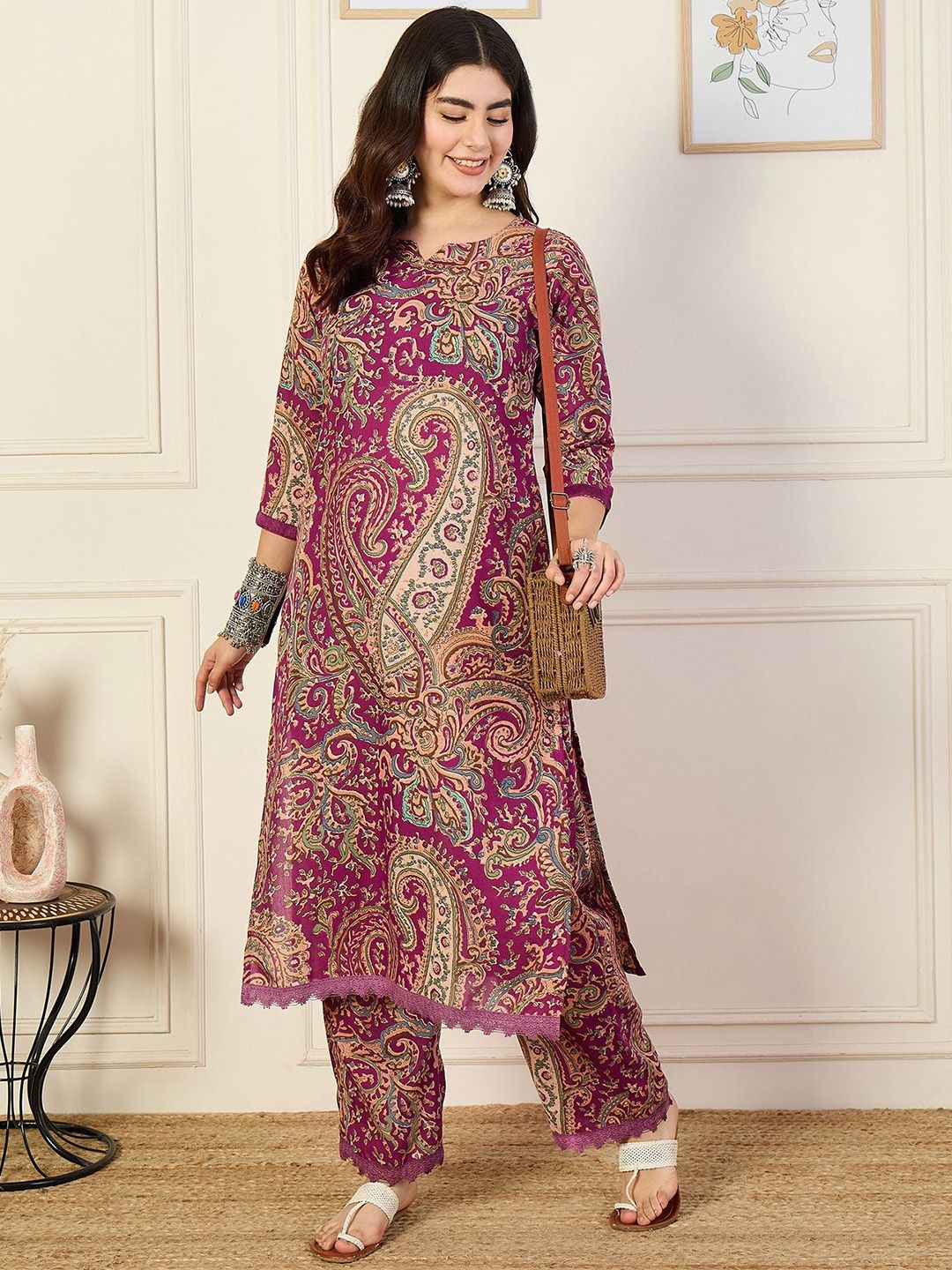 KALINI Notch Neck Paisley Printed Straight Kurta with Trousers