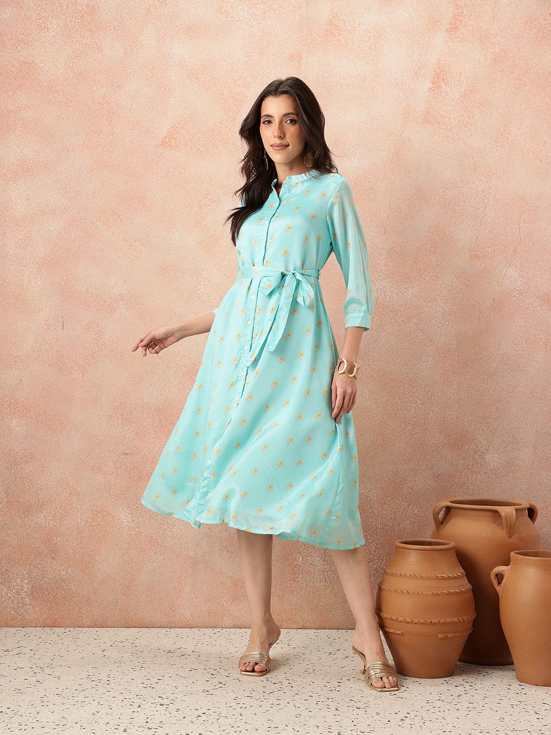 all about you Printed Belted Satin Finish Ethnic Shirt Midi Dress