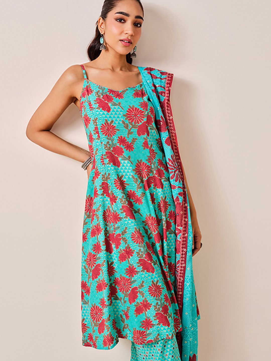 Global Desi Floral Printed Shoulder Straps A-Line Kurta With Trousers & Dupatta