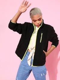 SASSAFRAS Women Stylish Black Solid Faux Fur Jacket