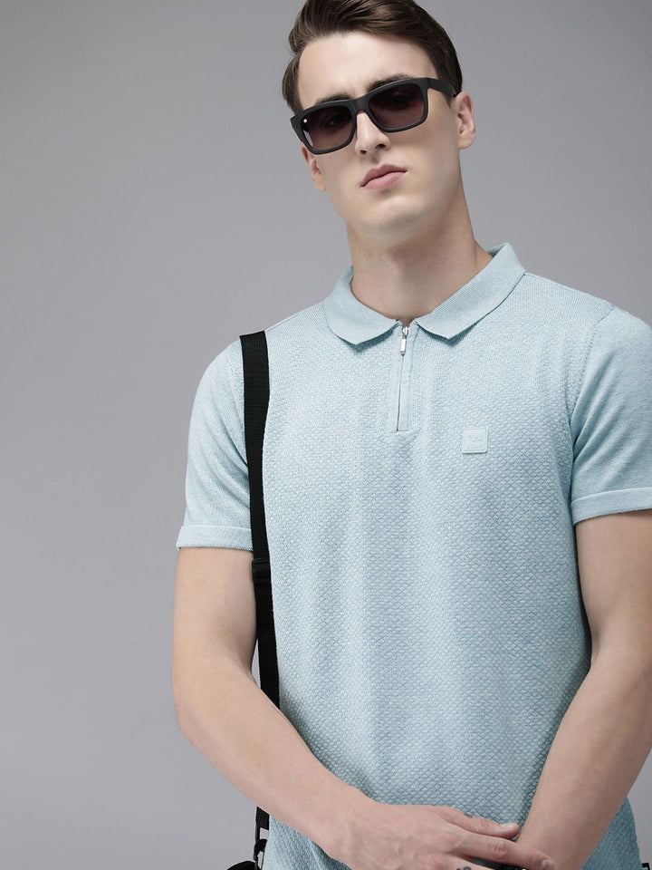 THE BEAR HOUSE Ardor Edition Men Blue Self Design Polo Collar Slim Fit T-shirt