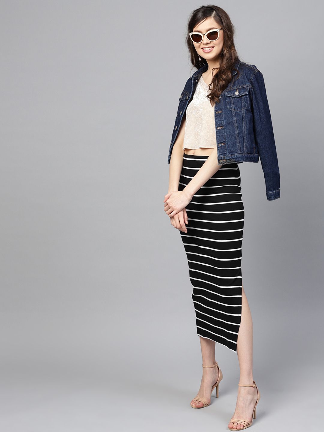 SASSAFRAS Black & White Striped Pencil Skirt