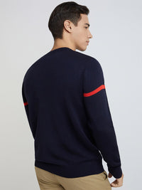 Raymond Men Navy Blue & Red Striped Pullover