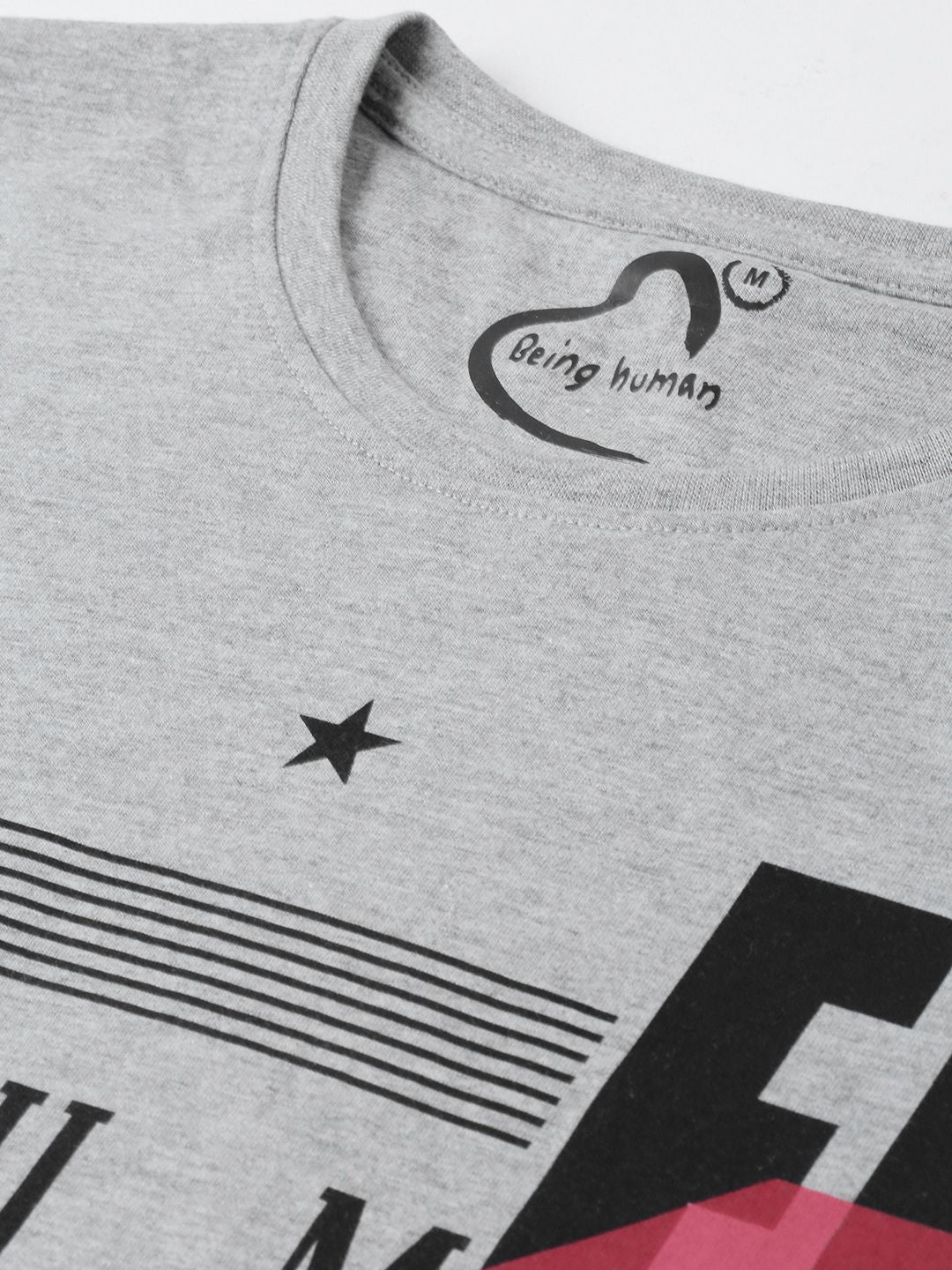 Being Human Men Grey Melange & Black Printed Round Neck T-shirt