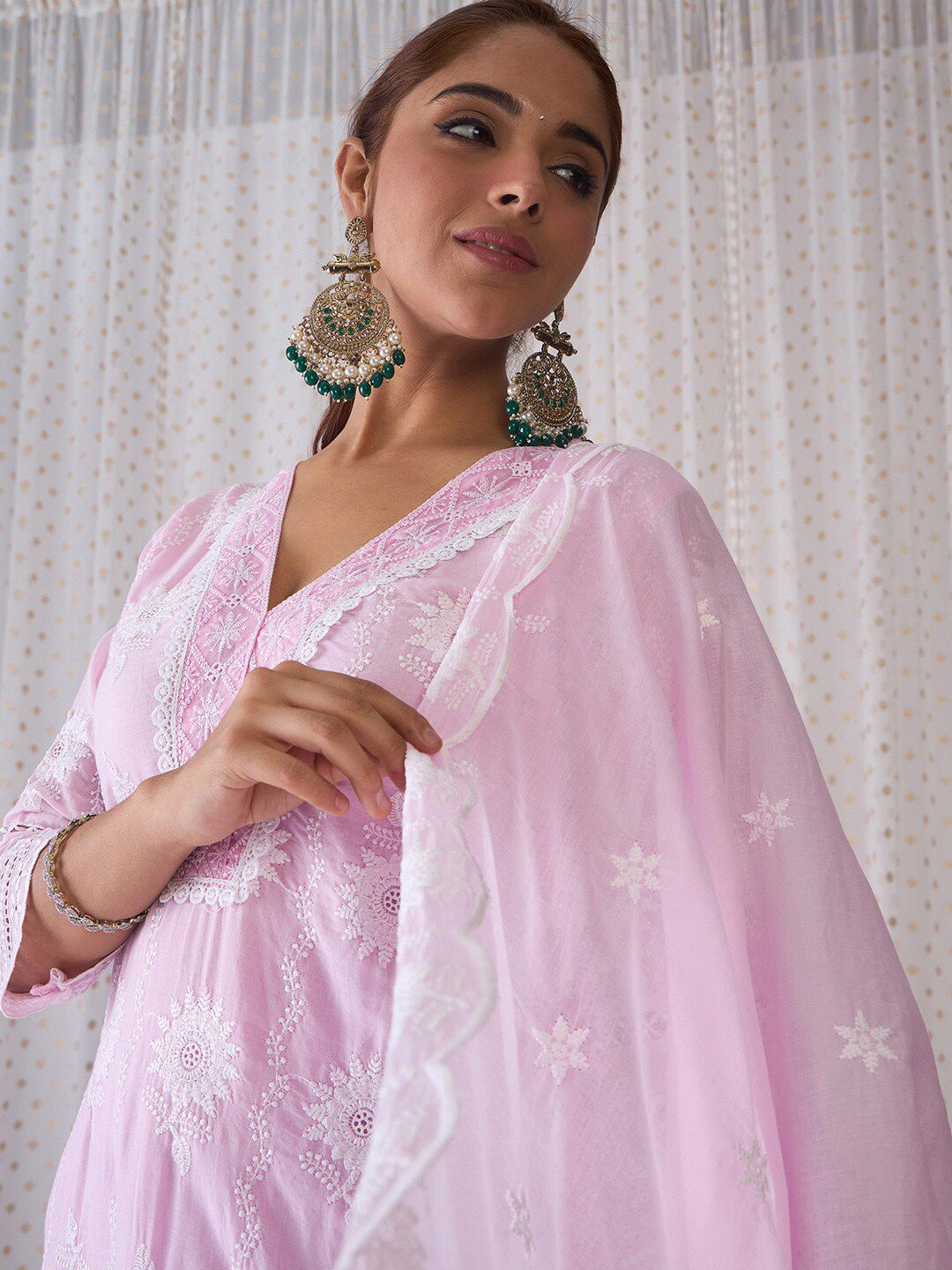 Indo Era V Neck Floral Embroidered Pure Cotton Kurta with Trouser & Dupatta