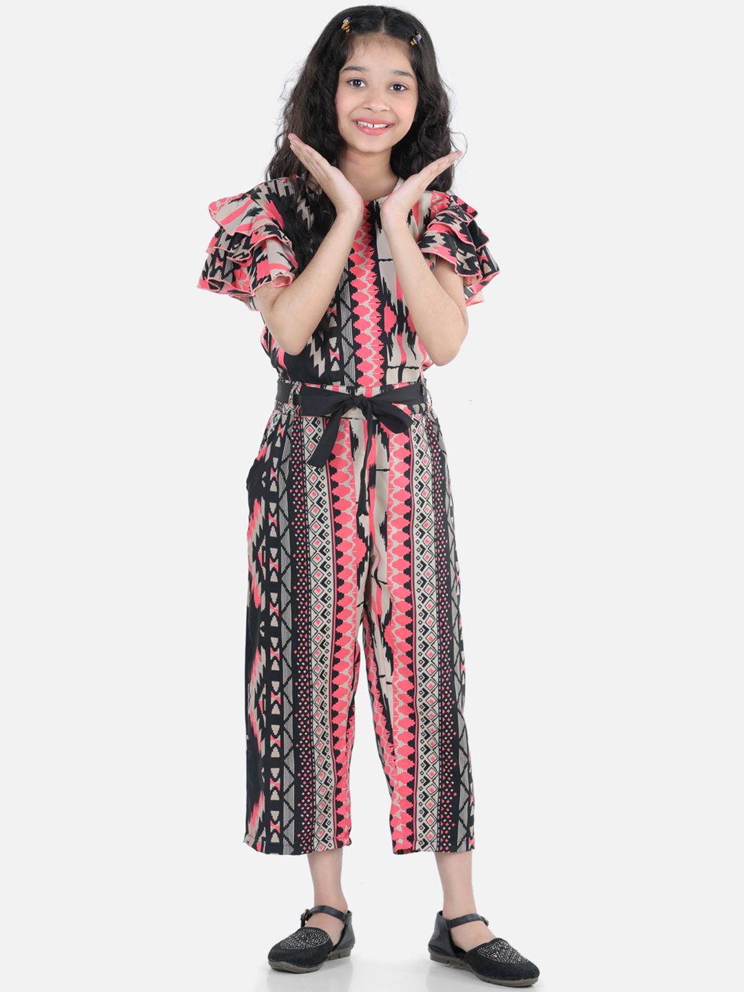 Cutiekins Girls Black & Pink Printed Ruffle Sleeves Capri Jumpsuit