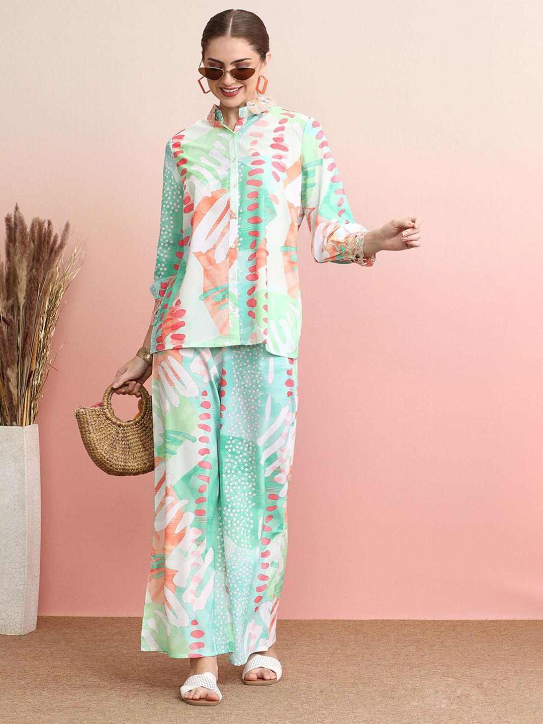 Indo Era Green Abstract Printed Spread Collar Shirt With Palazzos