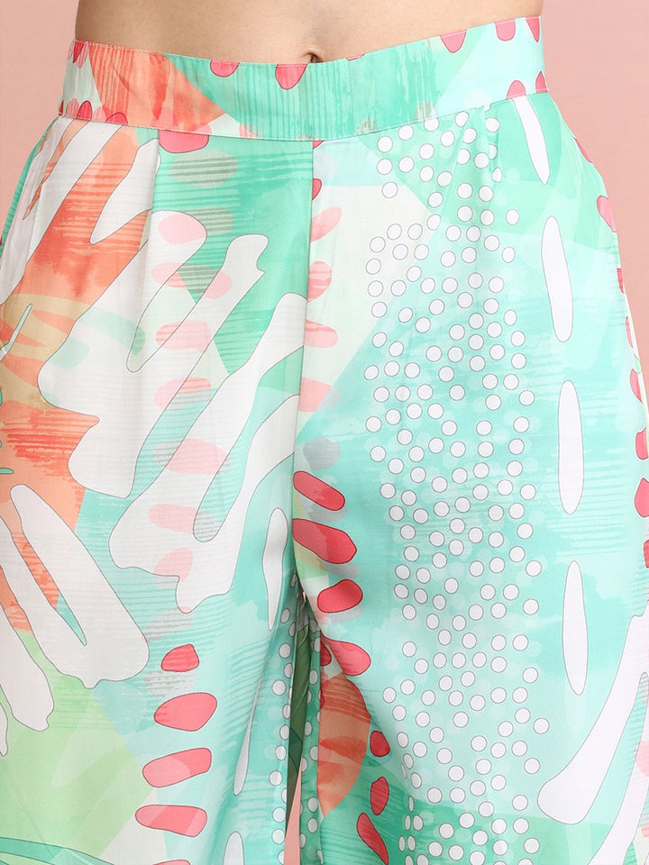 Indo Era Green Abstract Printed Spread Collar Shirt With Palazzos