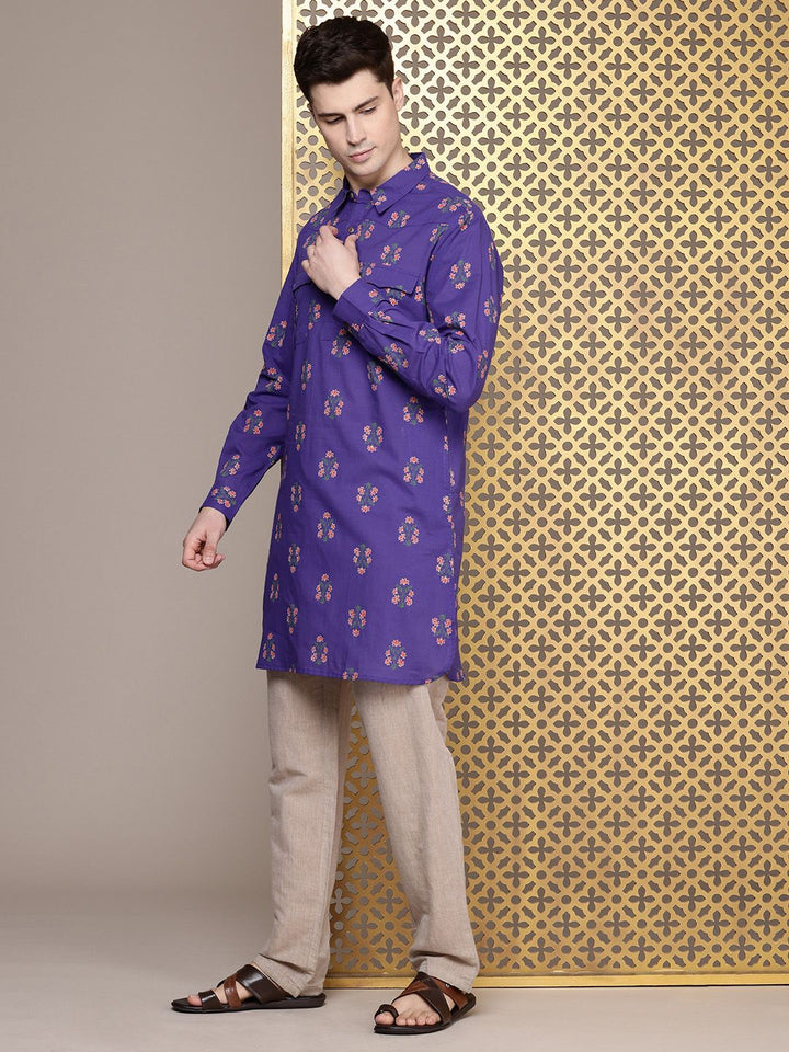 House of Pataudi Men Floral Printed Pure Cotton Kurta