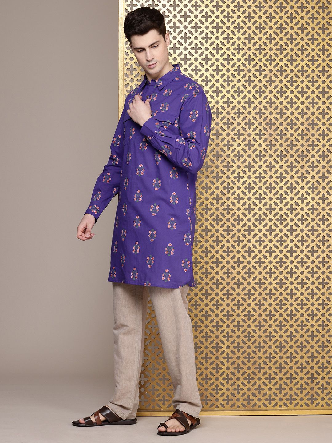 House of Pataudi Men Floral Printed Pure Cotton Kurta