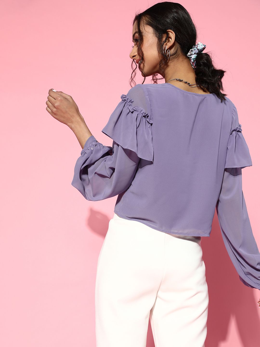 Athena Women Elegant Lavender Solid Ruffled Top