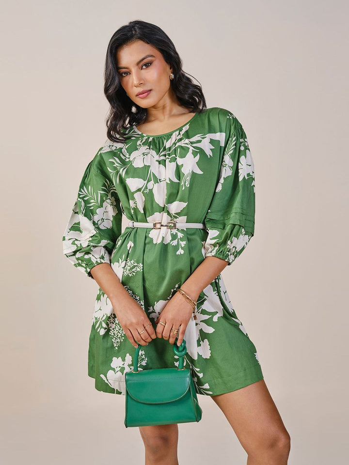 AND Floral Print Puff Sleeve Pure Cotton A-Line Dress