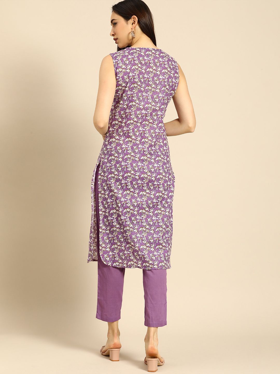Anouk Women Lavender Floral Printed Regular Pure Cotton Kurta with Trousers