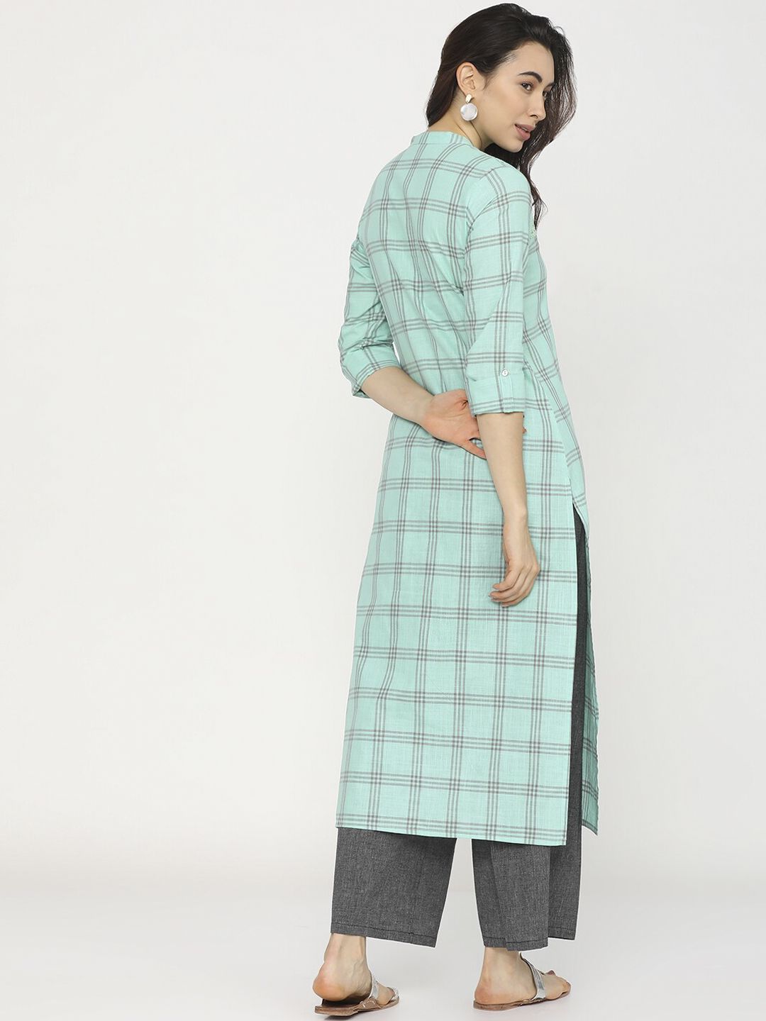 Vishudh Women Sea Green Checked Thread Work Kurta