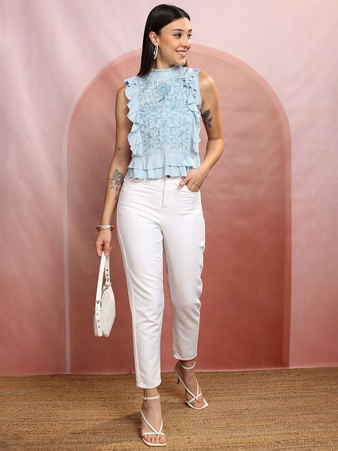 Vishudh Blue Floral Embroidered High Neck Ruffled Tiered Top