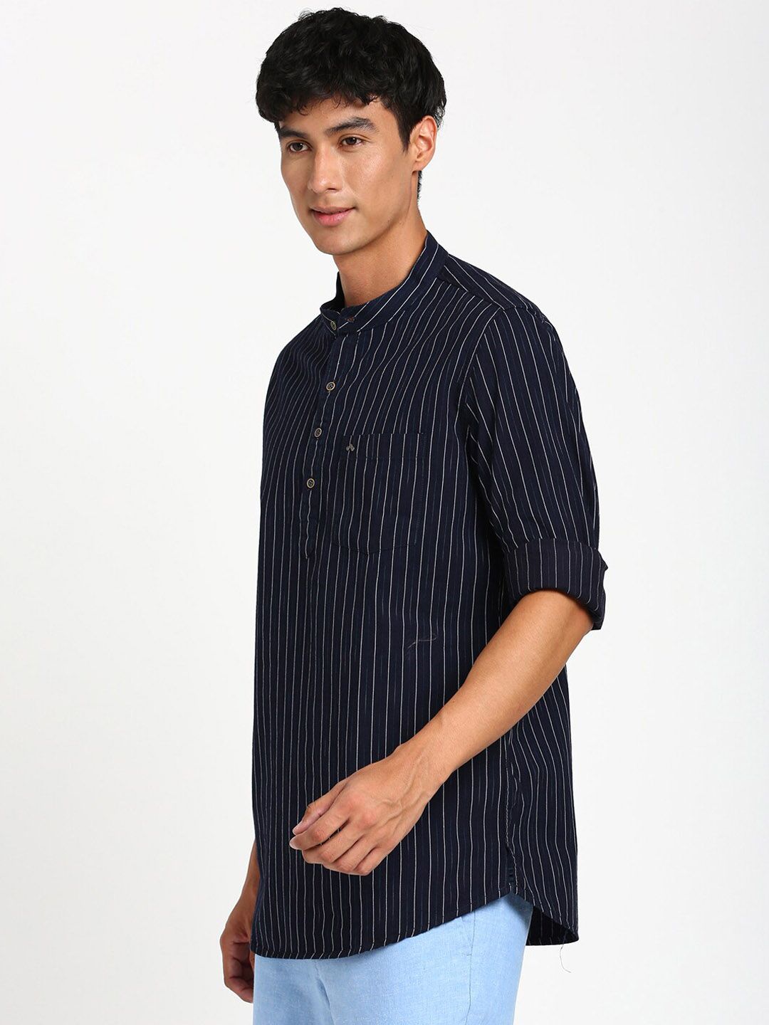 Turtle Striped Mandarin Collar Pure Cotton Kurta