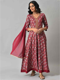 AURELIA Maroon & Gold-Toned Zari Embroidered Floral Printed Choker Maxi Dress