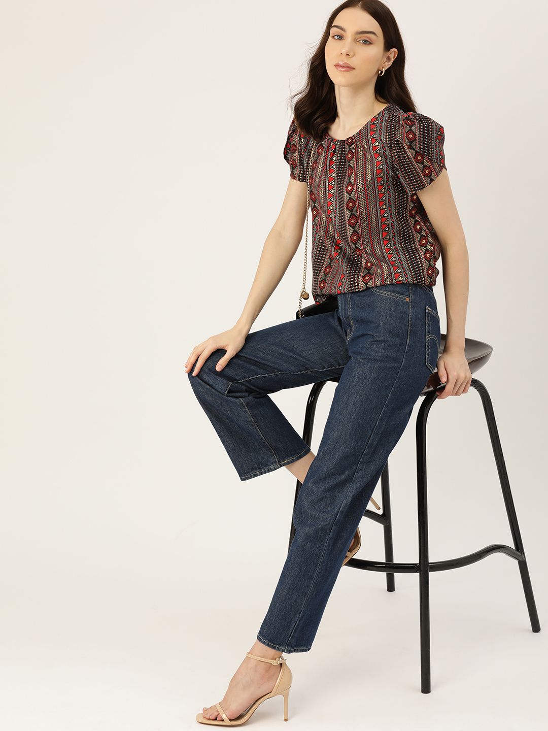 DressBerry Geometric Print Puff Sleeves Top