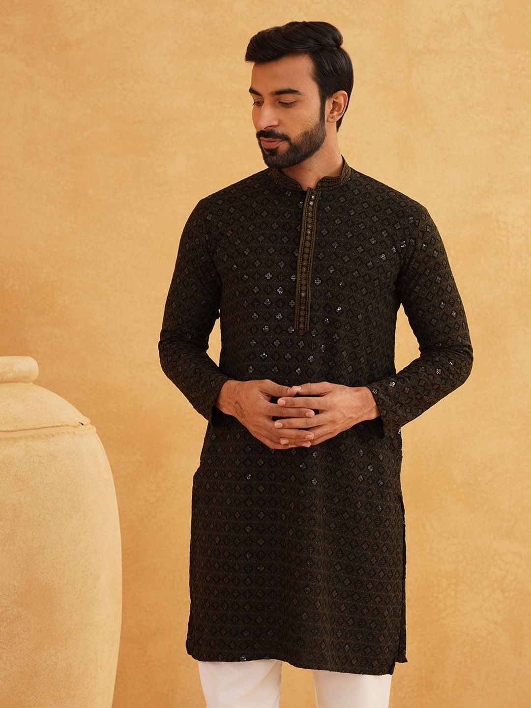 SOJANYA Ethnic Motifs Embroidered Mandarin Collar Sequined Pure Cotton Straight Kurta