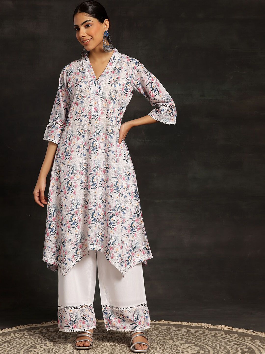 Libas Floral Printed V-Neck Regular Chikankari Kurta with Palazzos