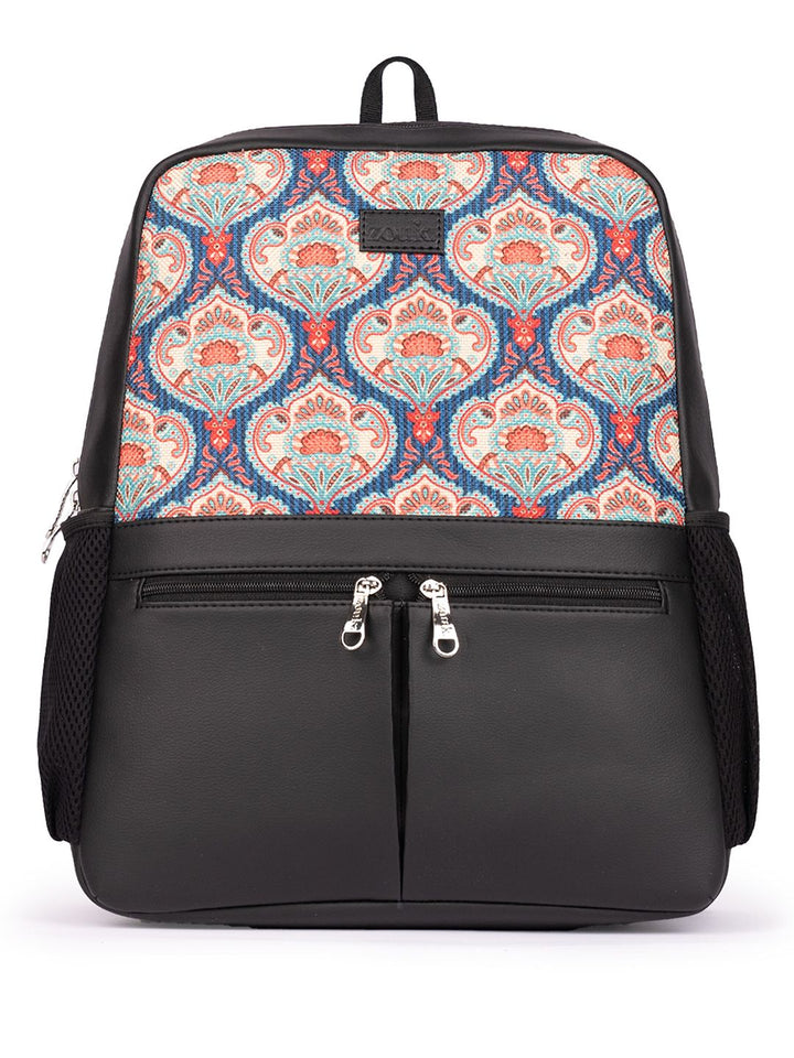 ZOUK Women Ethnic Printed Vegan Leather Backpack With Compression Straps-Up to 16 inch