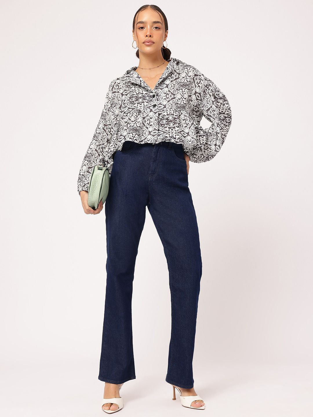 DressBerry Monochrome Mania Ethnic Printed Puff Sleeves Shirt-Style Top