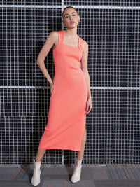 SASSAFRAS Peach-Coloured Square Neck Sheath Midi Dress