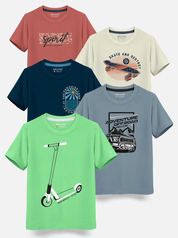 HELLCAT Boys Pack Of 5 Printed Cotton T-shirt