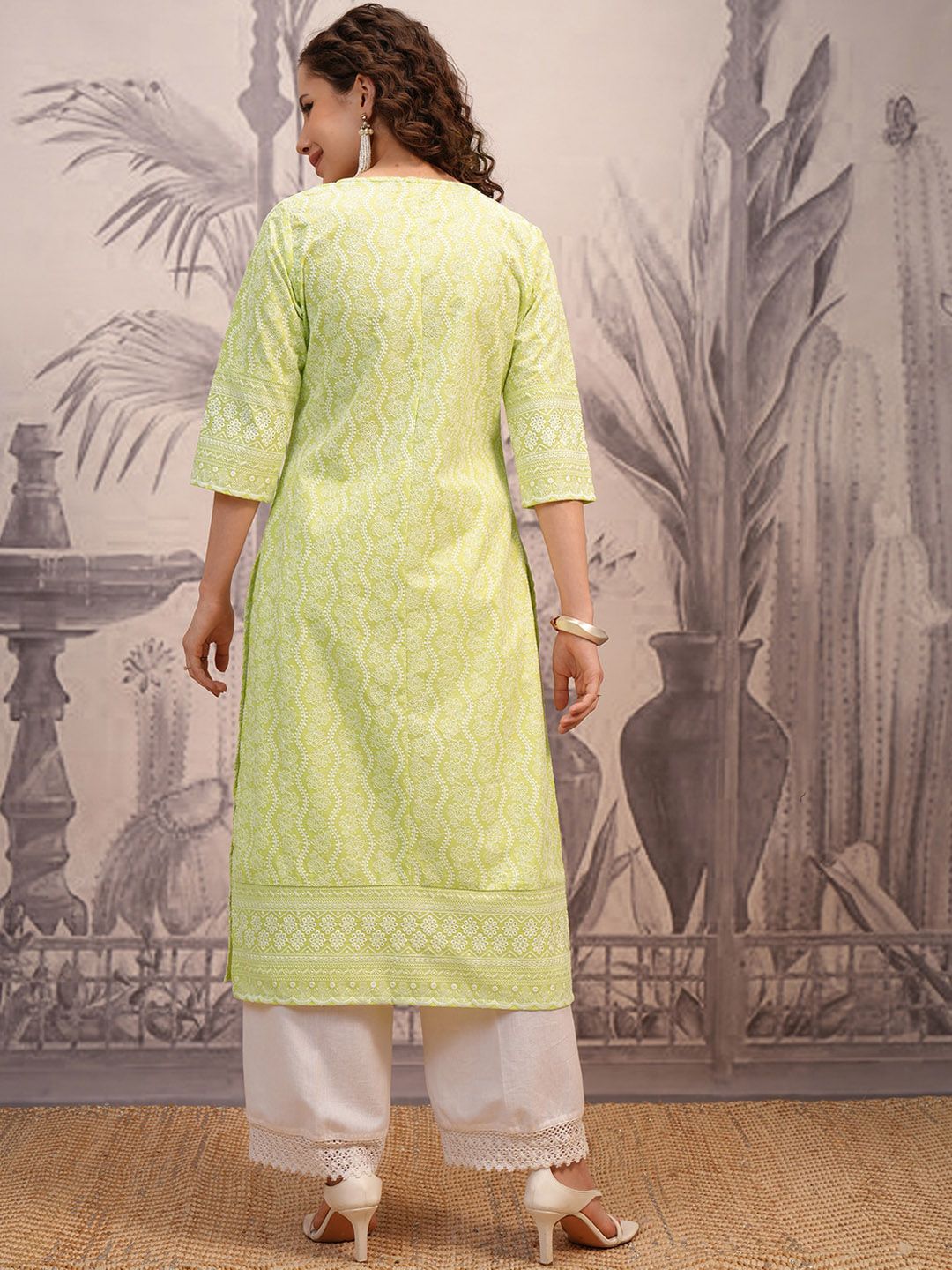 Vishudh Lime Green Floral Embroidered Straight Kurta