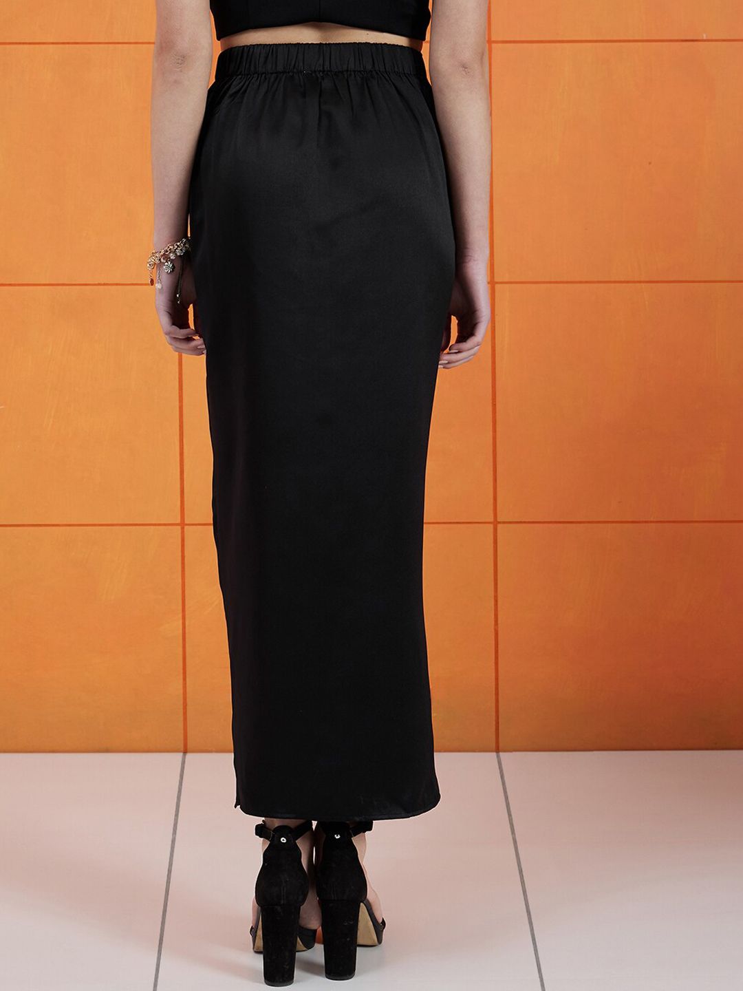 STREET 9 Black Pleated Satin Pencil Midi Skirt