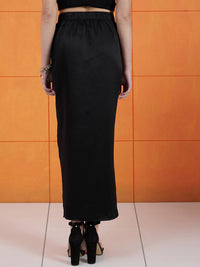 STREET 9 Black Pleated Satin Pencil Midi Skirt